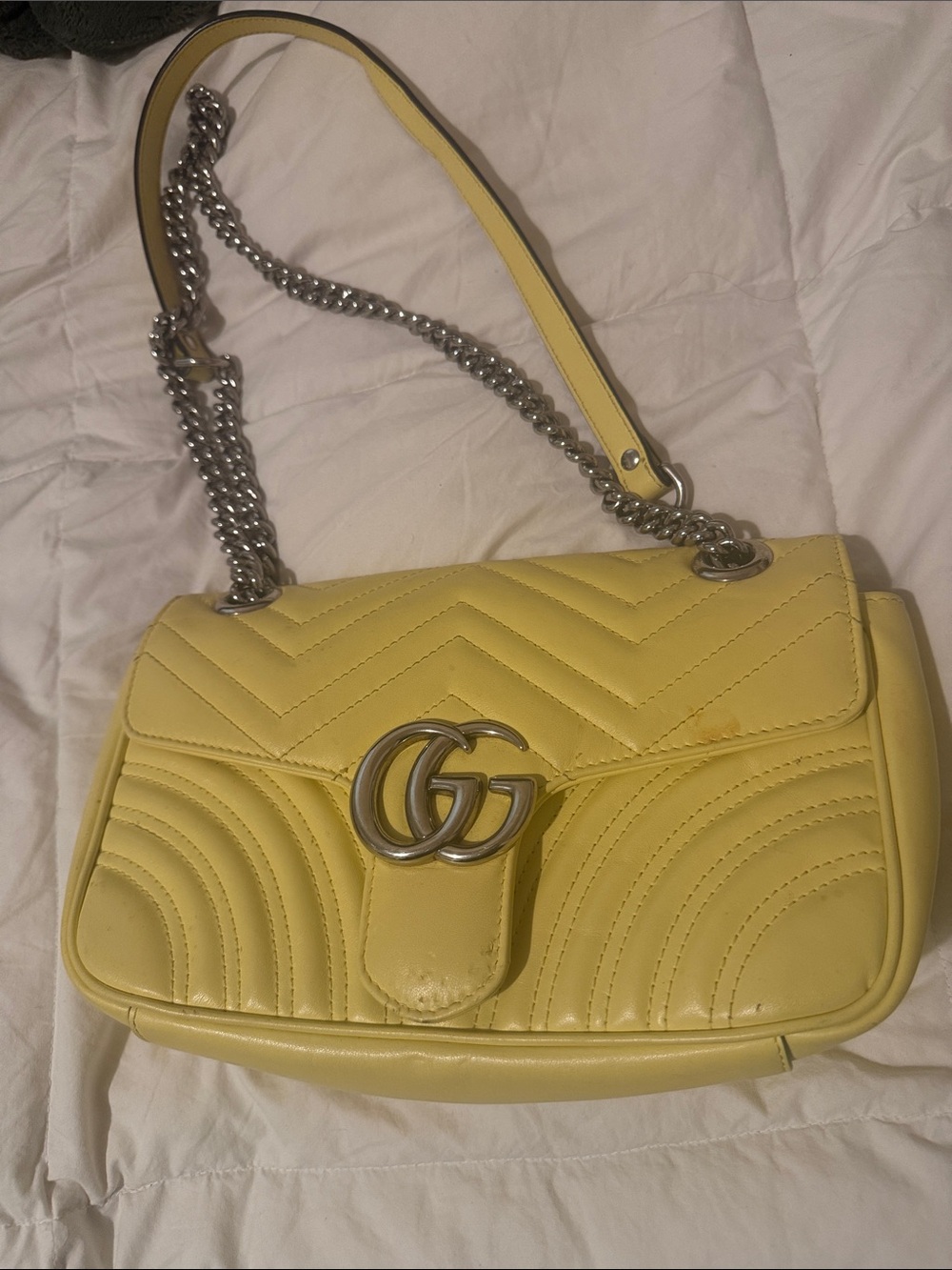 Gucci Yellow Marmont Medium Matelassé GG Shoulder Bag with Silver Chain